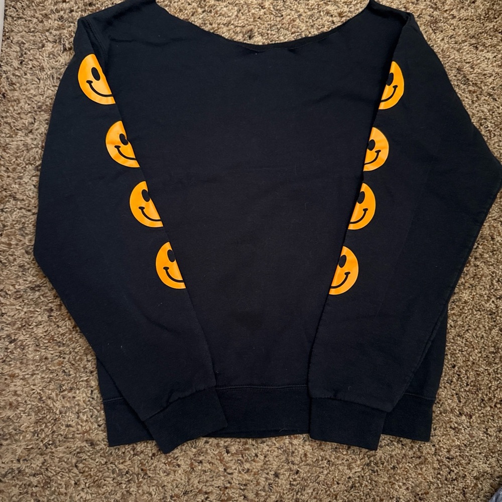 Women's Black Sweater with Orange Smiley Faces